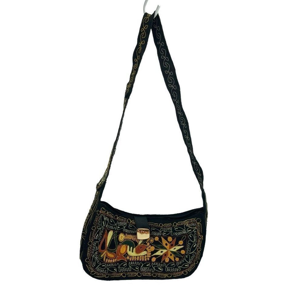 Womens Boho Bag Embroidered Handbag Purse handmade Black Multicolor